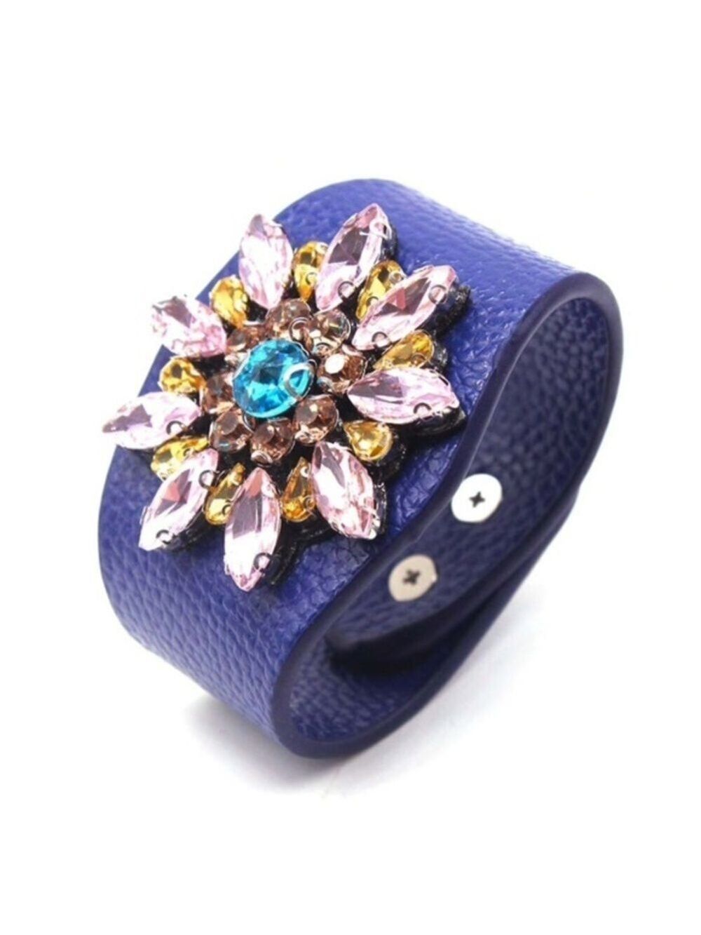 European Wide Crystal Flower Leather Bracelet